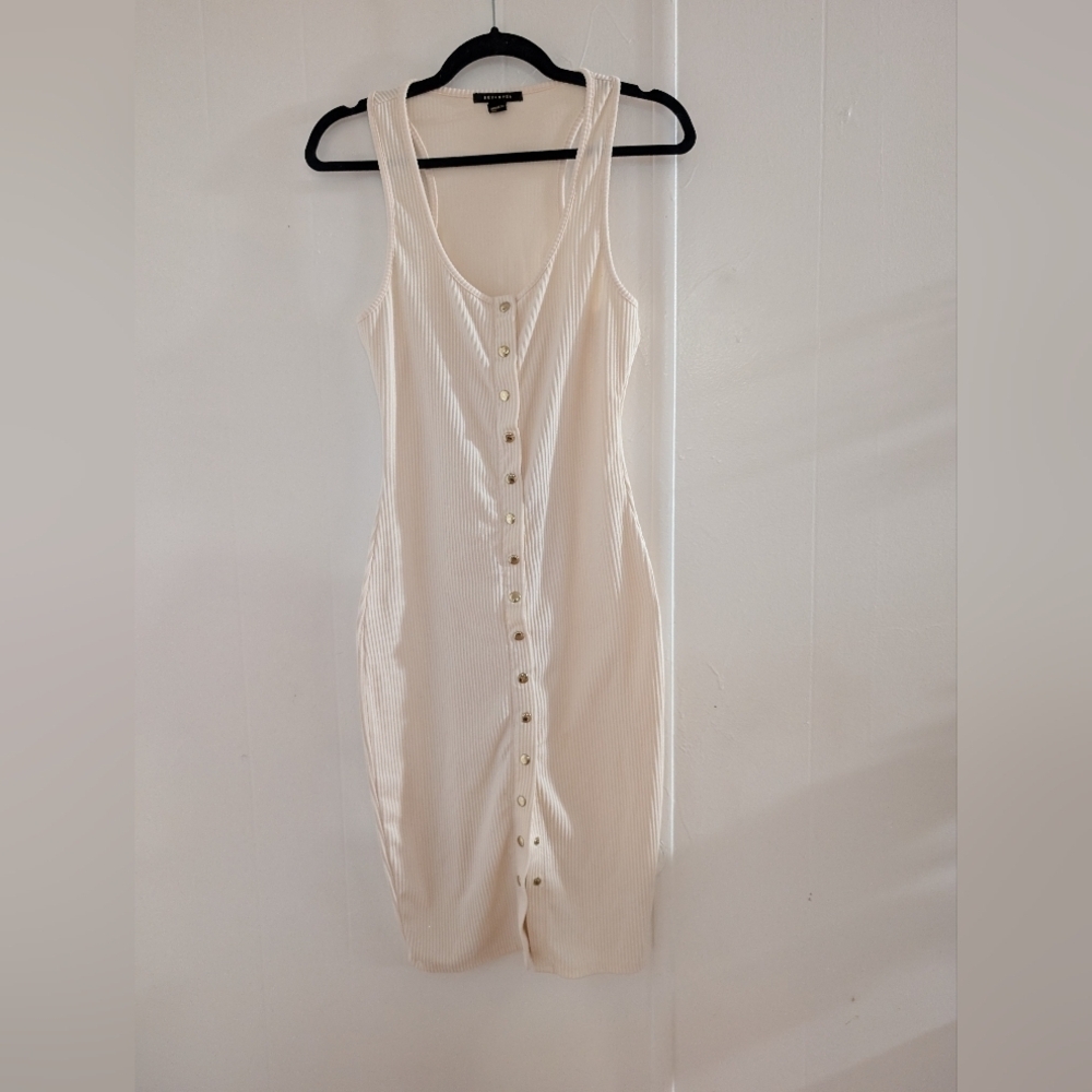 Revamped Cream Button-Front Midi Bodycon Dress With Gold Buttons